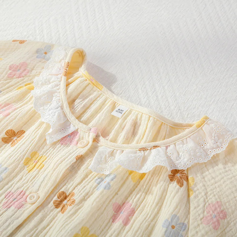 2025 New Spring/Summer Women's Pajama Set Pure Cotton Crepe Sweet and Cute Long Sleeve Long Pants Two Piece Home Clothes Creative Femininity