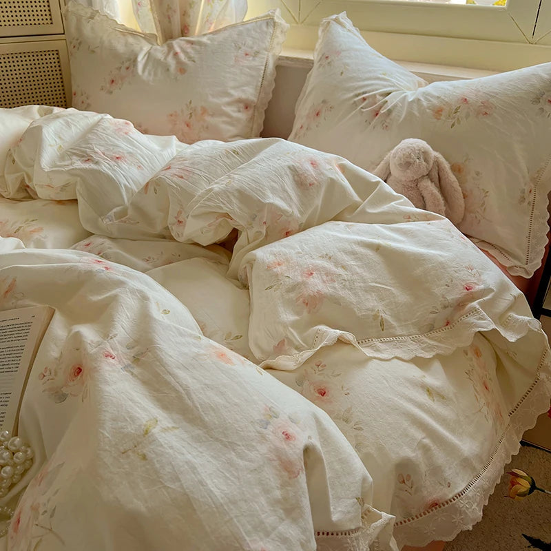 cream lace duvet set with pink roses 