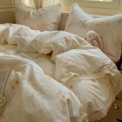 cream lace duvet set with pink roses 