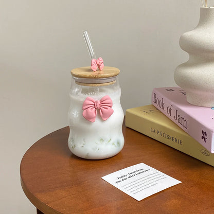 Pink Bow Glass Cup With Lid & Straw