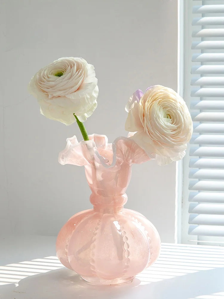 Pink Ruffled Lace Glass Vase