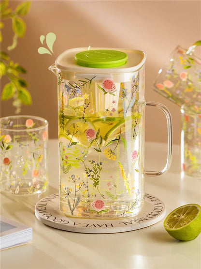 Floral Glass Jug & Cup Set