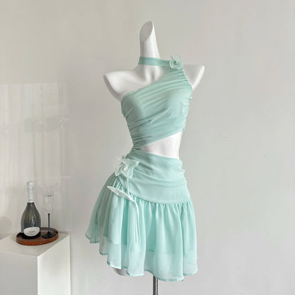 Mint Green Flower Motif Mini Dress