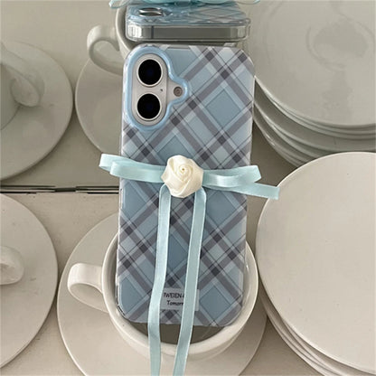 Blue Plaid iPhone Case With Rose Ribbon
