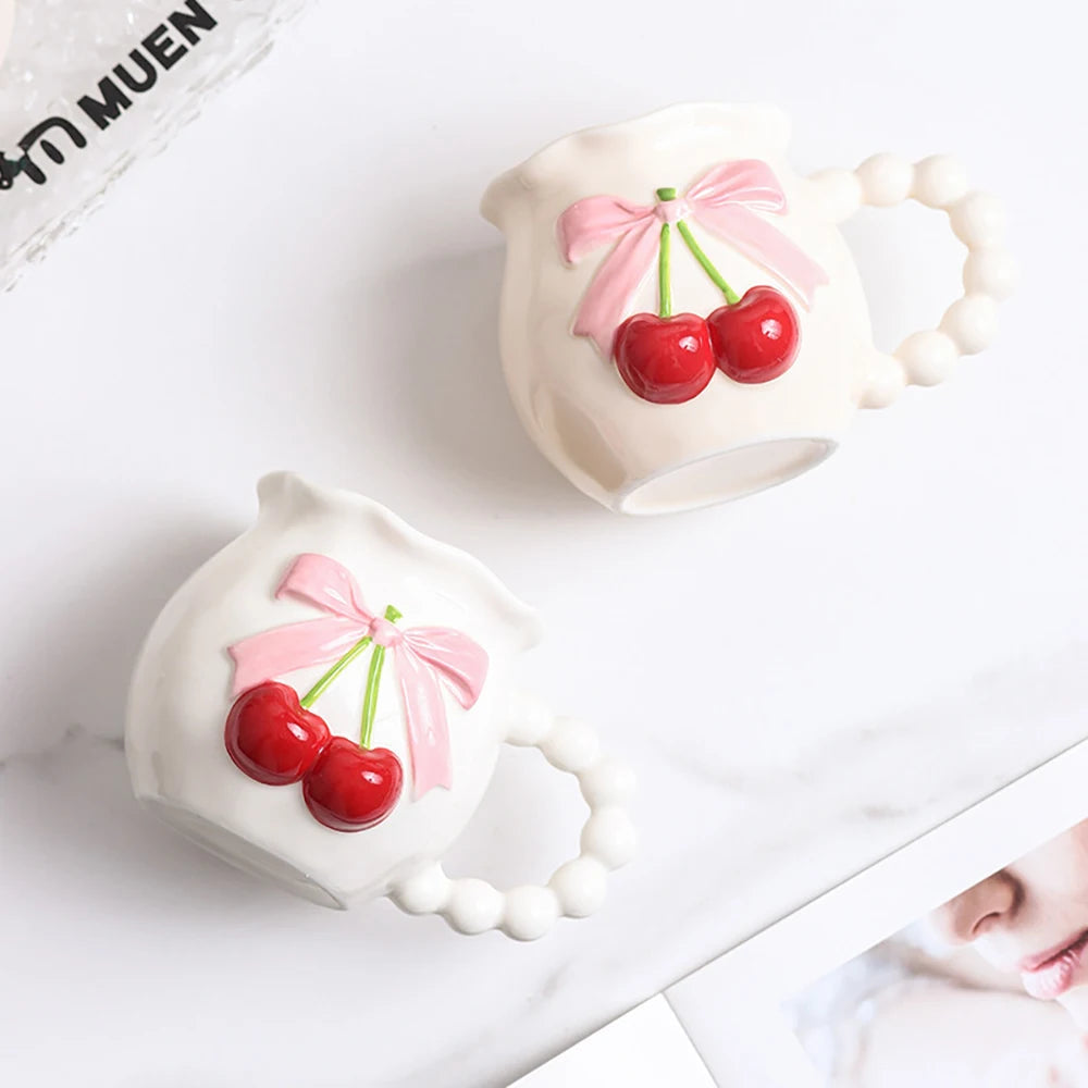 Pink Cherry Bow Ceramic Mug Creative Femininity