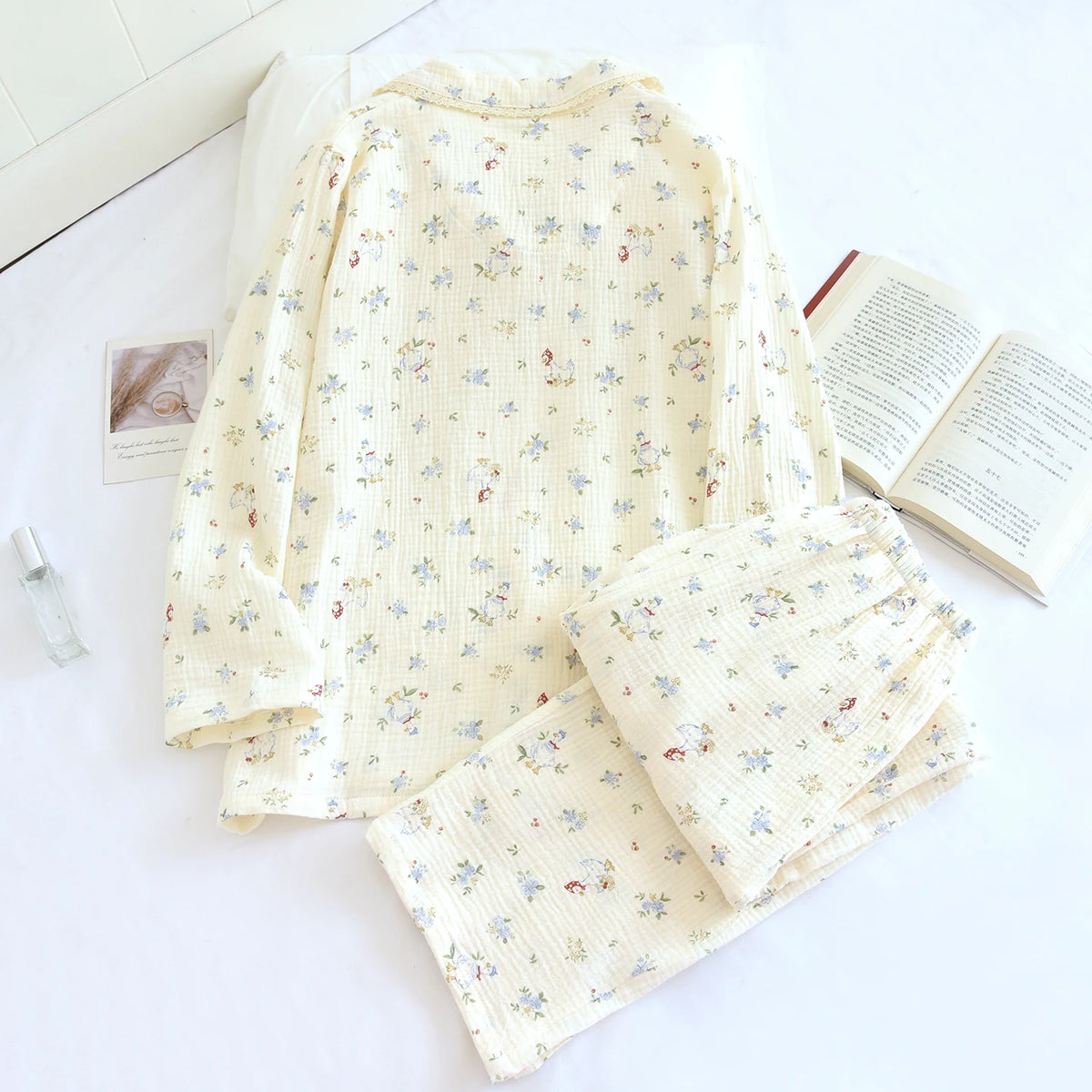 Cartoon Cotton Pajamas Women's Double Layer Gauze Spring Autumn Summer Floral Print Home Clothes Comfortable Long Sleeve Slee... Creative Femininity