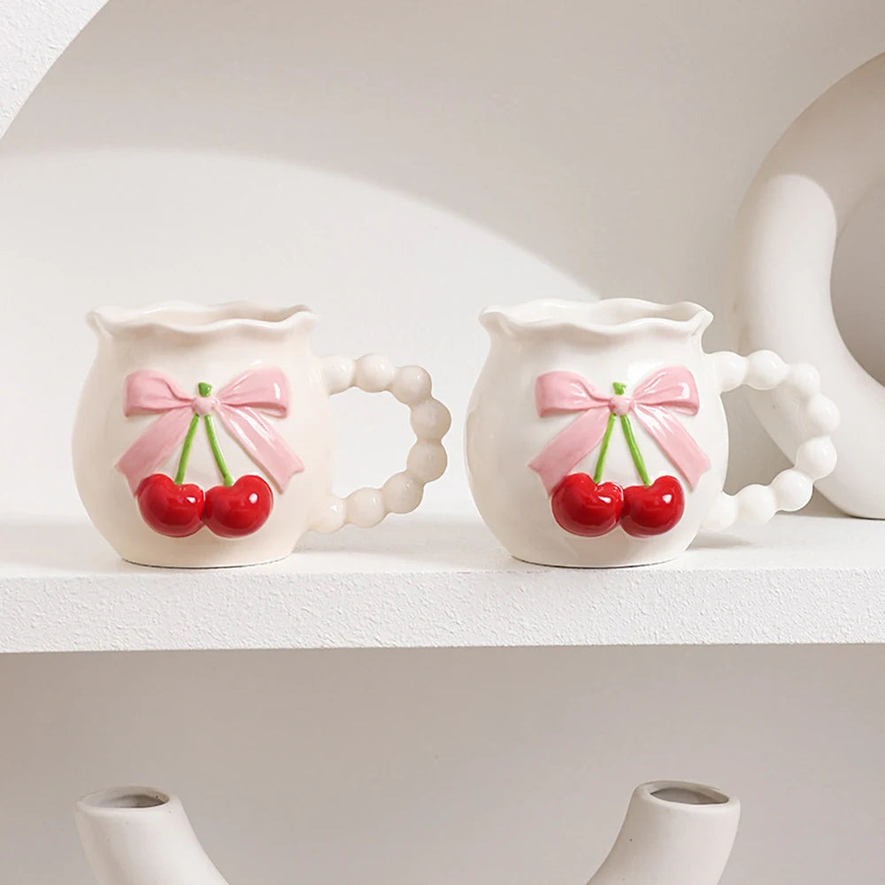 Pink Cherry Bow Ceramic Mug Creative Femininity