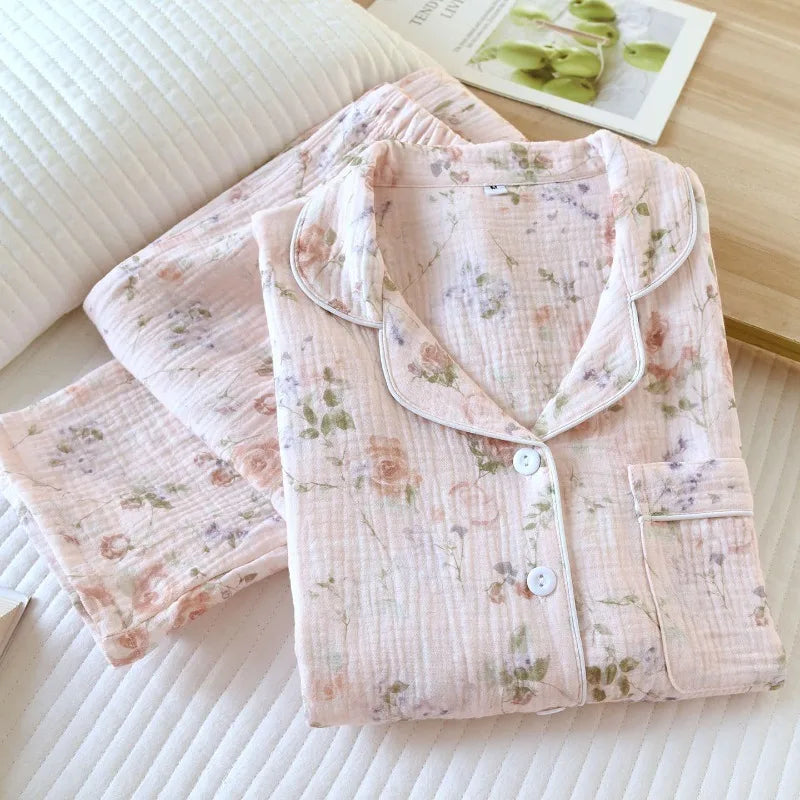 2026 New Women's Spring and Autumn Pajama Set 100% Cotton Crape Cloth Flower Collar Long Sleeve Two Piece Set Large Home Clothes Creative Femininity