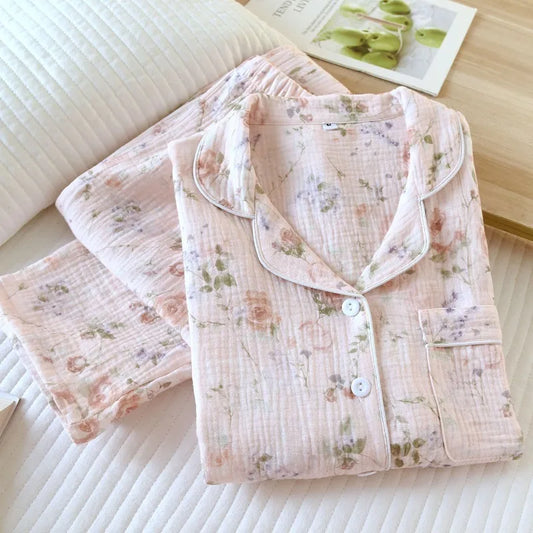 2026 New Women's Spring and Autumn Pajama Set 100% Cotton Crape Cloth Flower Collar Long Sleeve Two Piece Set Large Home Clothes Creative Femininity