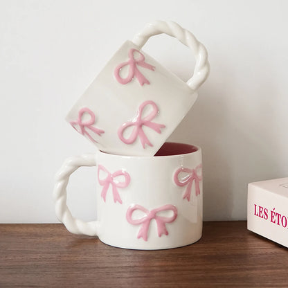 White Ceramic Mug With Pink Bows