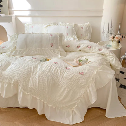 Pink Floral Embroidery Lace Ruched Bed Set