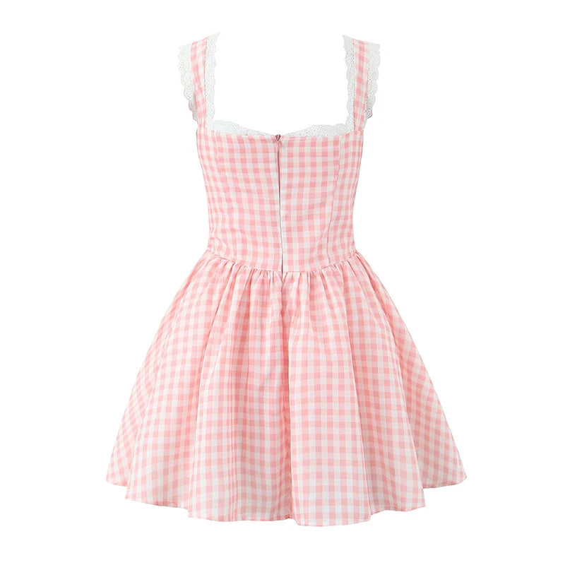 Pink Plaid Milkmaid Mini Dress