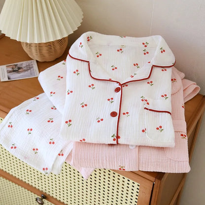 Women's Pink & Red Cherry Cotton Pjs