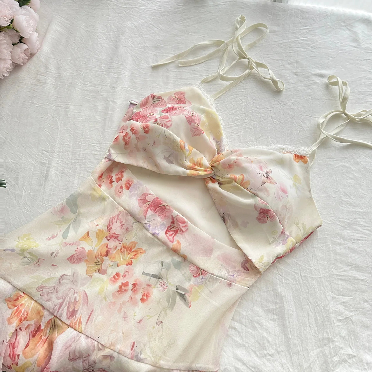 Floral Cut Out Cami Dress With Ruffles