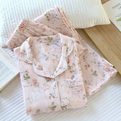 2026 New Women's Spring and Autumn Pajama Set 100% Cotton Crape Cloth Flower Collar Long Sleeve Two Piece Set Large Home Clothes Creative Femininity