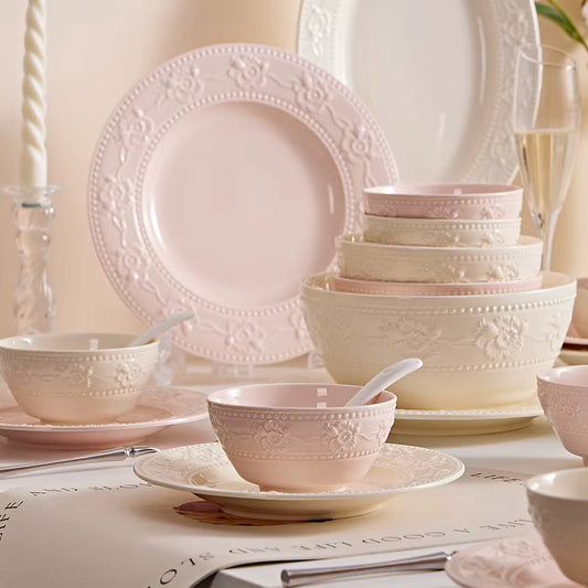 Pink & Cream Embossed Vintage Dinnerware Set
