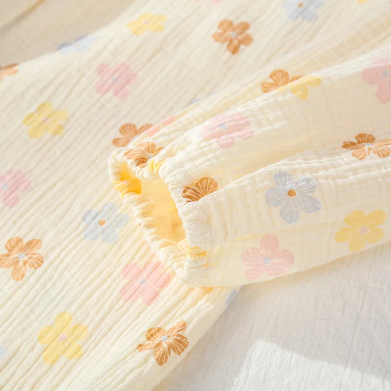 2025 New Spring/Summer Women's Pajama Set Pure Cotton Crepe Sweet and Cute Long Sleeve Long Pants Two Piece Home Clothes Creative Femininity