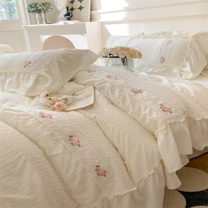 Pink Floral Embroidery Lace Ruched Bed Set