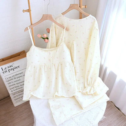 3 Piece Floral Ruffle Cotton Pj Set