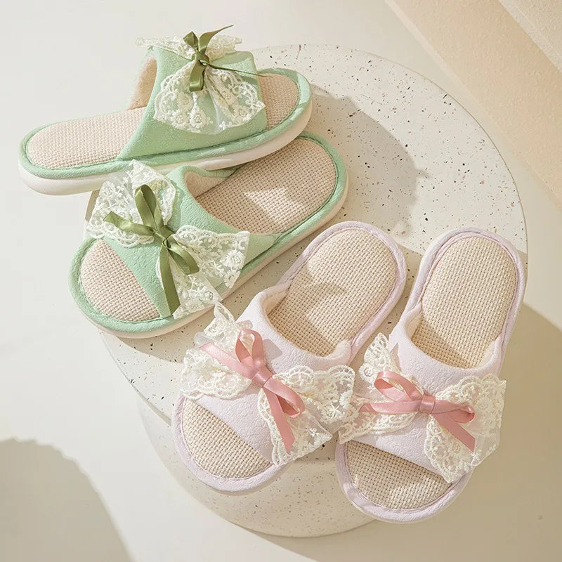 Lace Bow Slider Slippers