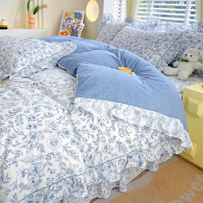 Blue Floral Frilly Duvet Set