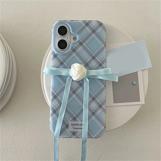 Blue Plaid iPhone Case With Rose Ribbon