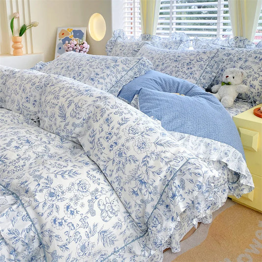 Blue Floral Frilly Duvet Set