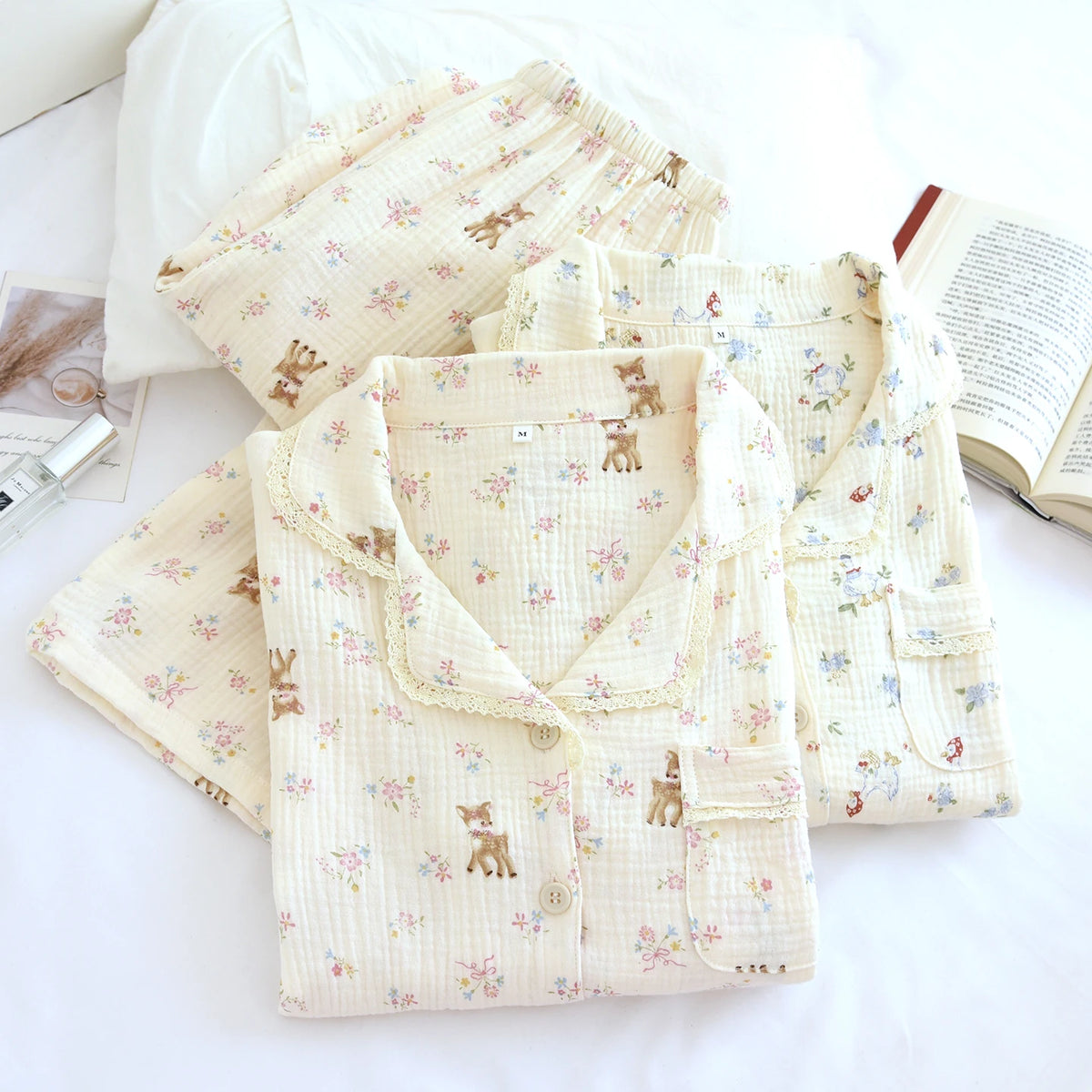 Cartoon Cotton Pajamas Women's Double Layer Gauze Spring Autumn Summer Floral Print Home Clothes Comfortable Long Sleeve Slee... Creative Femininity