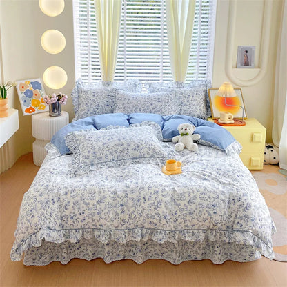 Blue Floral Frilly Duvet Set