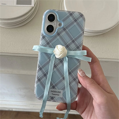 Blue Plaid iPhone Case With Rose Ribbon