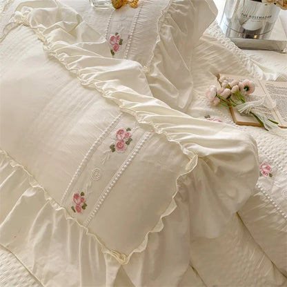 Pink Floral Embroidery Lace Ruched Bed Set