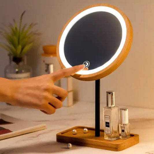 LED Round Wooden Makeup Mirror