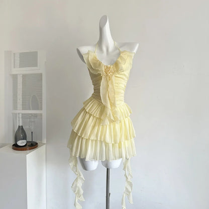 Yellow Halter Ruffle Tiered Mini Dress 