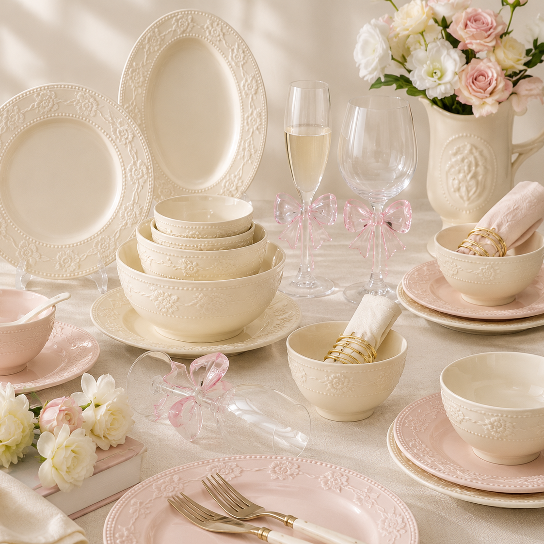 Pink & Cream Embossed Dinnerware Set Creative Femininity