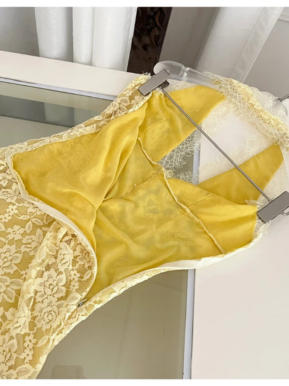 backless yellow lace dress