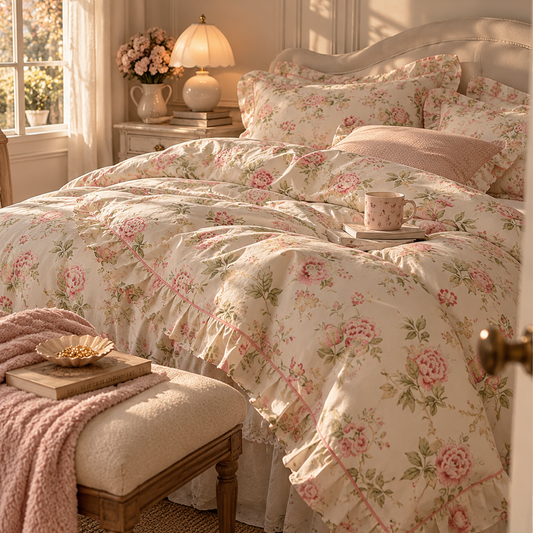 A beautifully styled bedroom featuring a bed dressed in a cream-colored floral duvet cover and matching pillow shams with pink roses and green leaves. A soft pink throw blanket is draped over a wooden bench in the foreground, and a bedside table with a lit lamp and vase of flowers sits to the left.