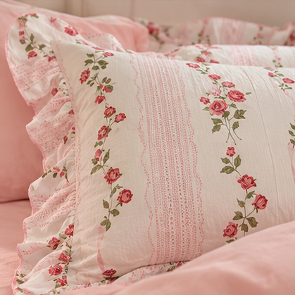 A close up of a decorative pillow with vertical pink textured stripes and pink rose vines with green leaves, finished with a pink ruffled edge.