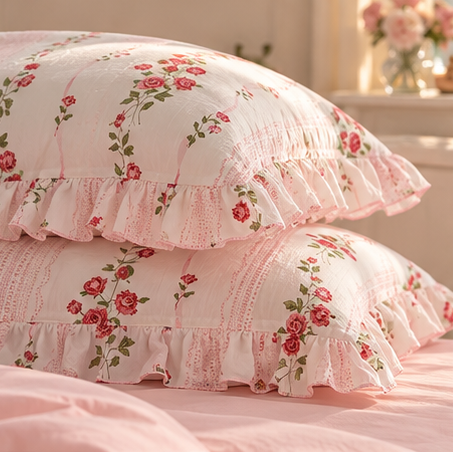 Two stacked pillowcases with a pink and white floral print, featuring ruffled edges and vertical lace-like stripes, displayed on a bed in a softly lit bedroom.