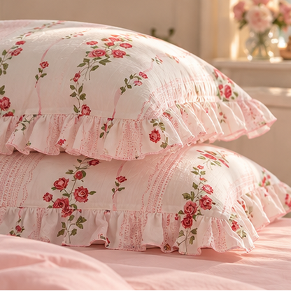 Two stacked pillowcases with a pink and white floral print, featuring ruffled edges and vertical lace-like stripes, displayed on a bed in a softly lit bedroom.