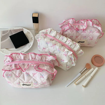 coquette ruffle ribbon make up pouch 