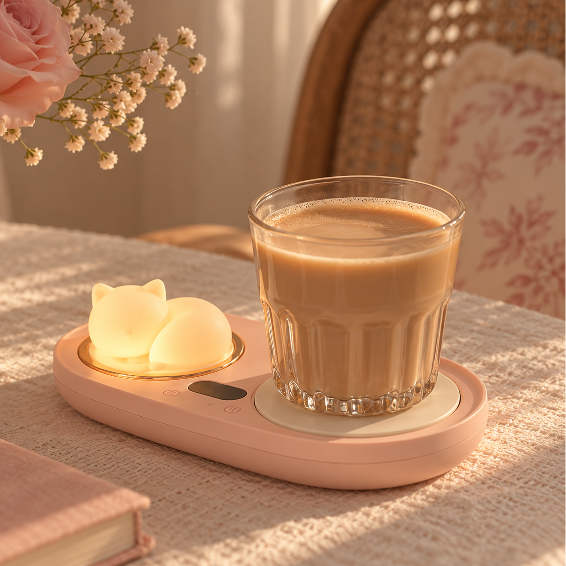 A pink heated cup warmer tray on a table, holding a glass of milk coffee and two small cat-shaped night lights.