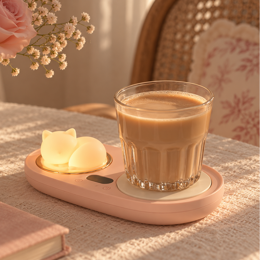 A pink heated cup warmer tray on a table, holding a glass of milk coffee and two small cat-shaped night lights.