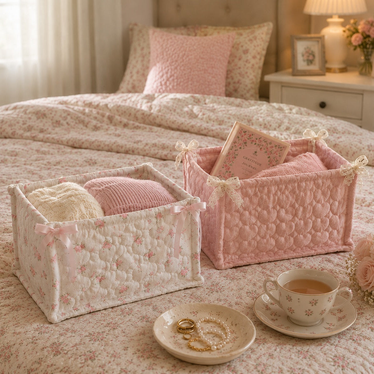 Pink Square Quilted Storage Baskets Creative Femininity