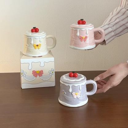 Hand Painted Cherry Cake Ceramic Cup with Lid