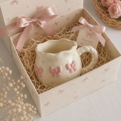 Pink Bow & Heart Ceramic Mug Creative Femininity
