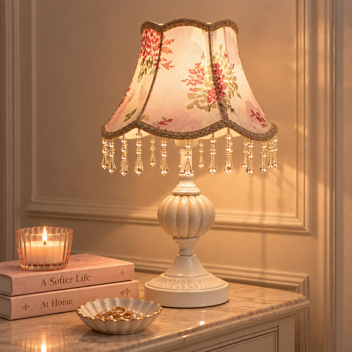 Vintage Floral Glass Tassel Lamp Creative Femininity