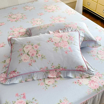 pink and blue floral romantic pillowcase with ruffle edge 