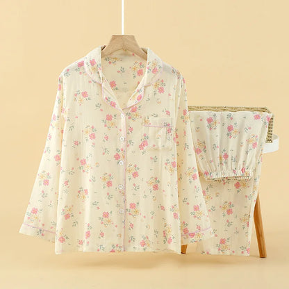 pink floral cotton pjs with pink piping 