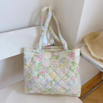 pink floral quilted tote bag