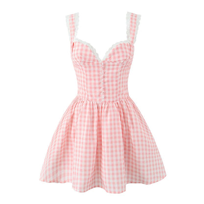 pink gingham milkmaid dress